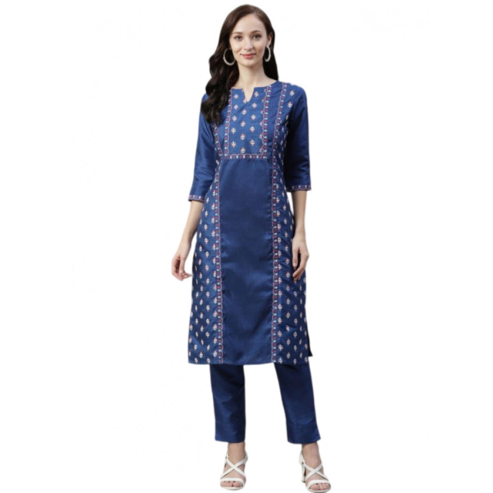 Amfyn Women's Casual 3-4Th Sleeve Floral Printed Poly Silk Kurti And Pant Set (Blue)