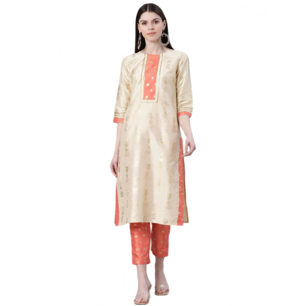 Amfyn Women's Casual 3-4Th Sleeve Floral Printed Poly Silk Kurti And Pant Set (Cream)