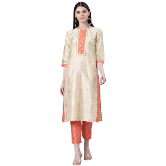 Amfyn Women's Casual 3-4Th Sleeve Floral Printed Poly Silk Kurti And Pant Set (Cream)