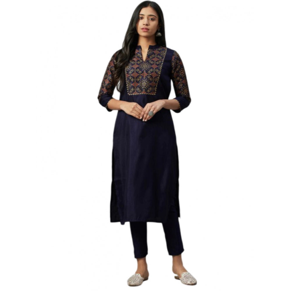 Amfyn Women's Casual 3-4Th Sleeve Ethnic Motifs Poly Silk Kurti and Pant Set (Blue)