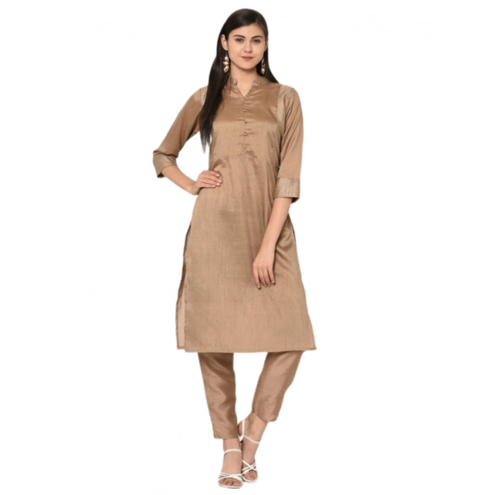Amfyn Women's Casual 3-4Th Sleeve Solid Poly Silk Kurti and Pant Set (Brown)