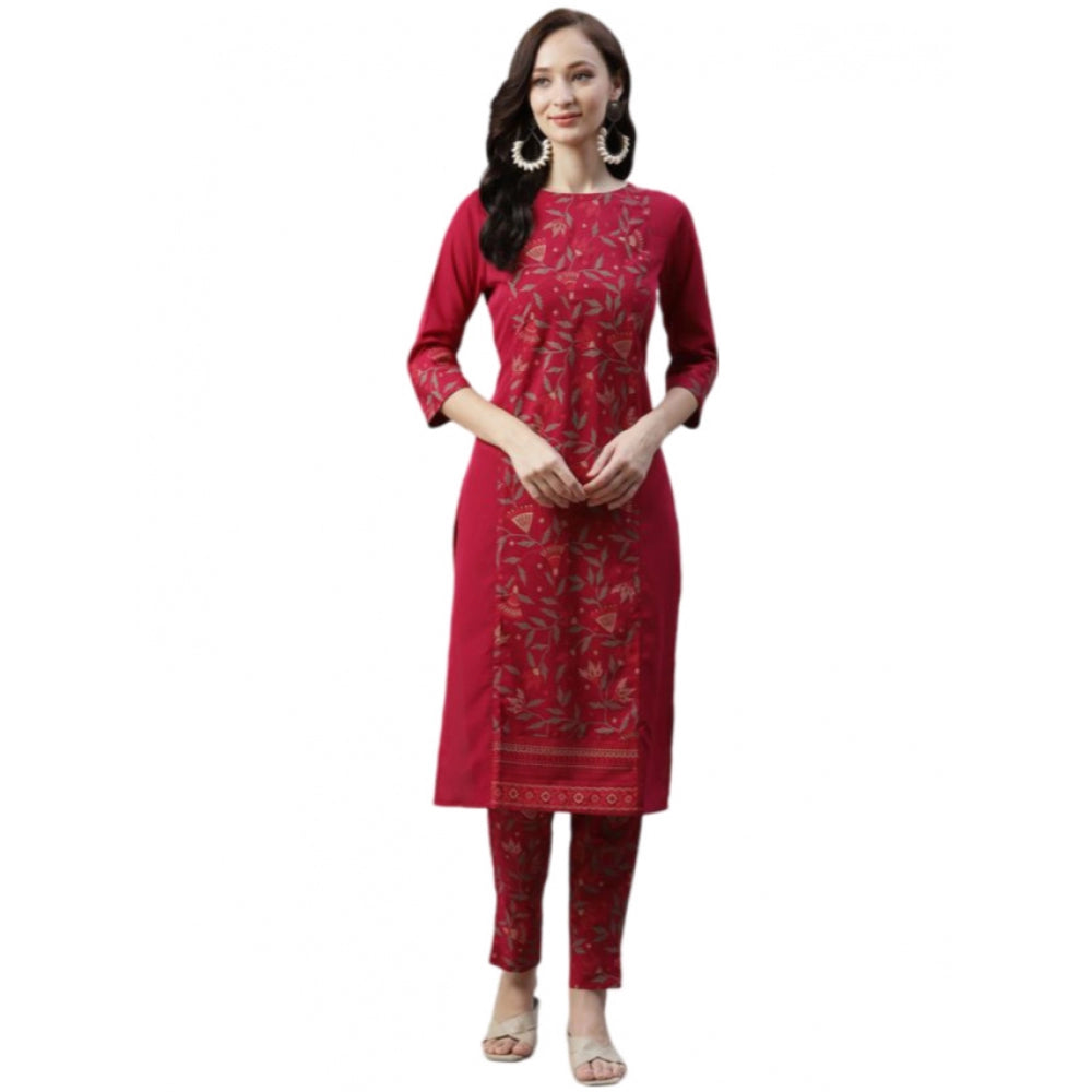 Amfyn Women's Casual 3-4Th Sleeve Floral Printed Crepe Kurti And Pant Set (Maroon)