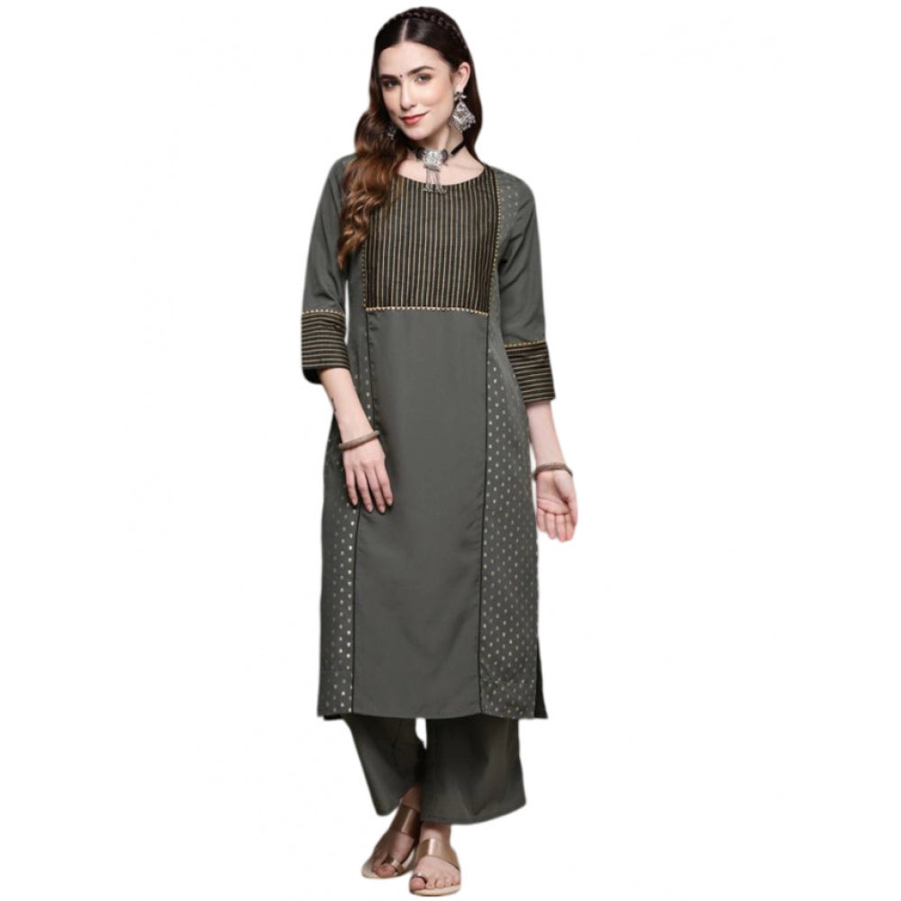 Amfyn Women's Casual 3-4Th Sleeve Stripes Crepe Kurti and Pant Set (Dark Grey)