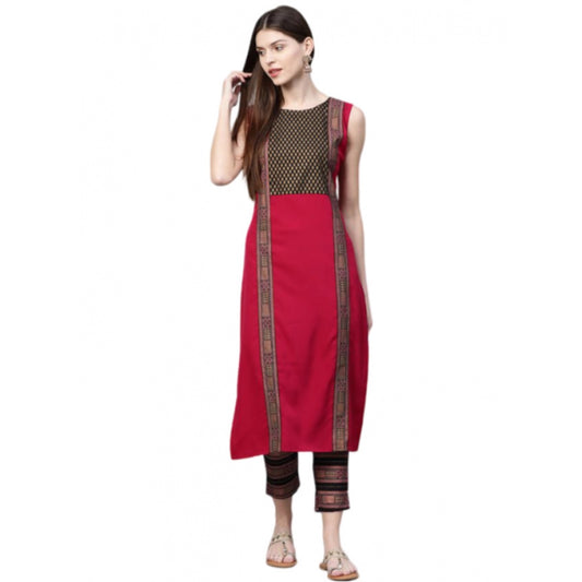 Amfyn Women's Casual Sleeveless Foil Printed Crepe Kurti and Pant Set (Pink)