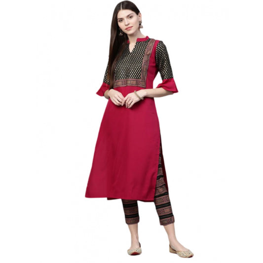 Amfyn Women's Casual 3-4Th Sleeve Foil Printed Crepe Kurti and Pant Set (Pink)