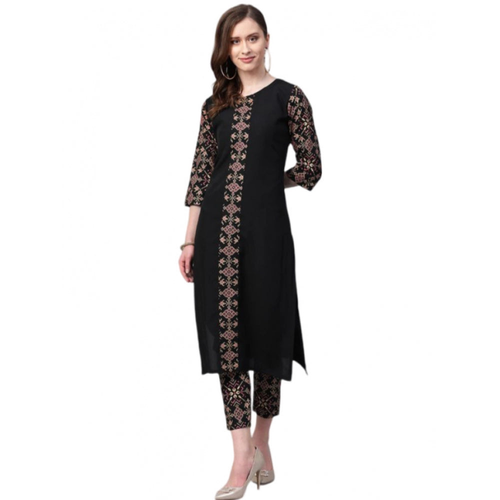 Amfyn Women's Casual 3-4Th Sleeve Solid Crepe Kurti And Pant Set (Black)