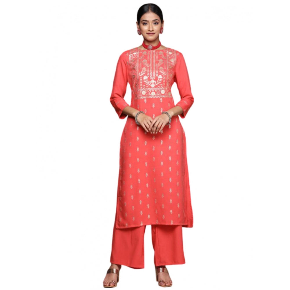 Amfyn Women's Casual 3-4Th Sleeve Floral Printed Rayon Kurti and Palazzo Set (Orange)