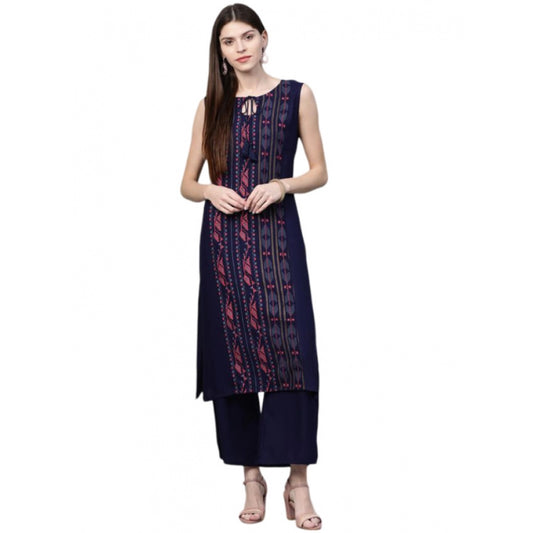 Amfyn Women's Casual Sleeveless Ikkat Rayon Kurti and Palazzo Set (Navy Blue)