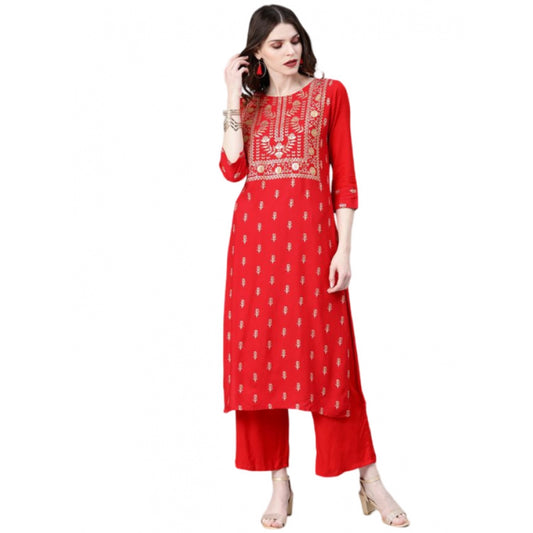 Amfyn Women's Casual 3-4Th Sleeve Floral Printed Rayon Kurti and Palazzo Set (Red)
