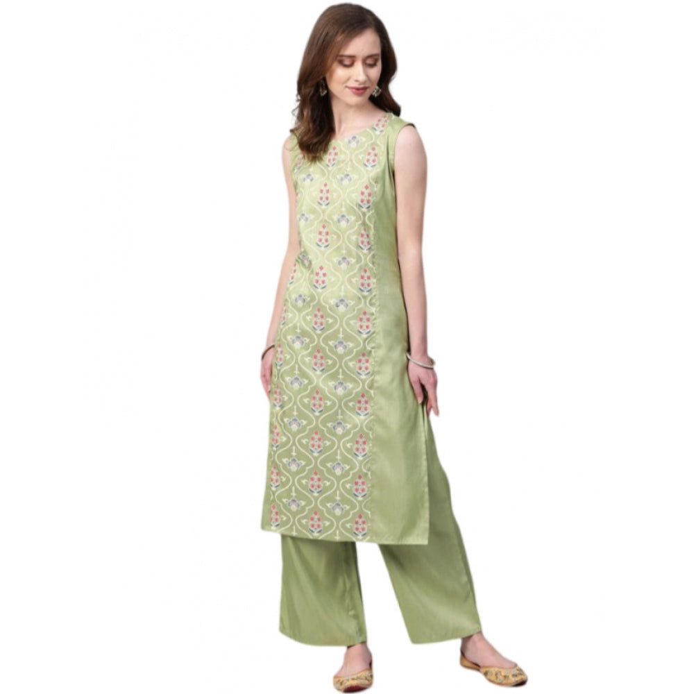 Amfyn Women's Casual Sleeveless Floral Printed Poly Silk Kurti and Palazzo Set (Green)