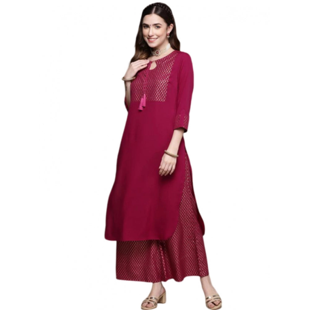 Amfyn Women's Casual Full Sleeve Ethnic Motifs Crepe Kurti and Palazzo Set (Dark Pink)