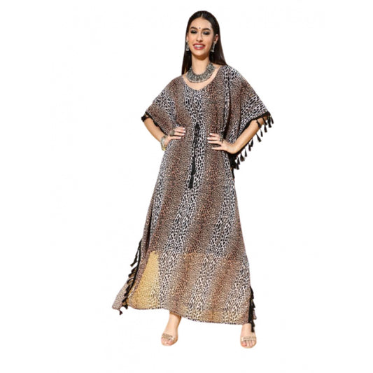 Amfyn Women's Casual Half Sleeve Animal Printed Georgette Kurti (Brown)