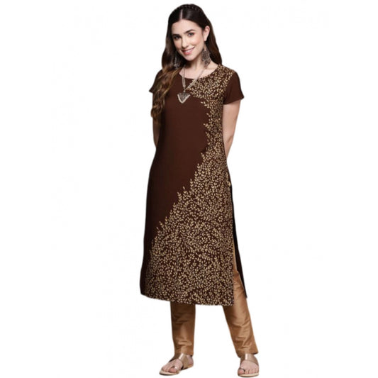 Amfyn Women's Casual Short Sleeves Floral Printed Crepe Kurti (Brown)