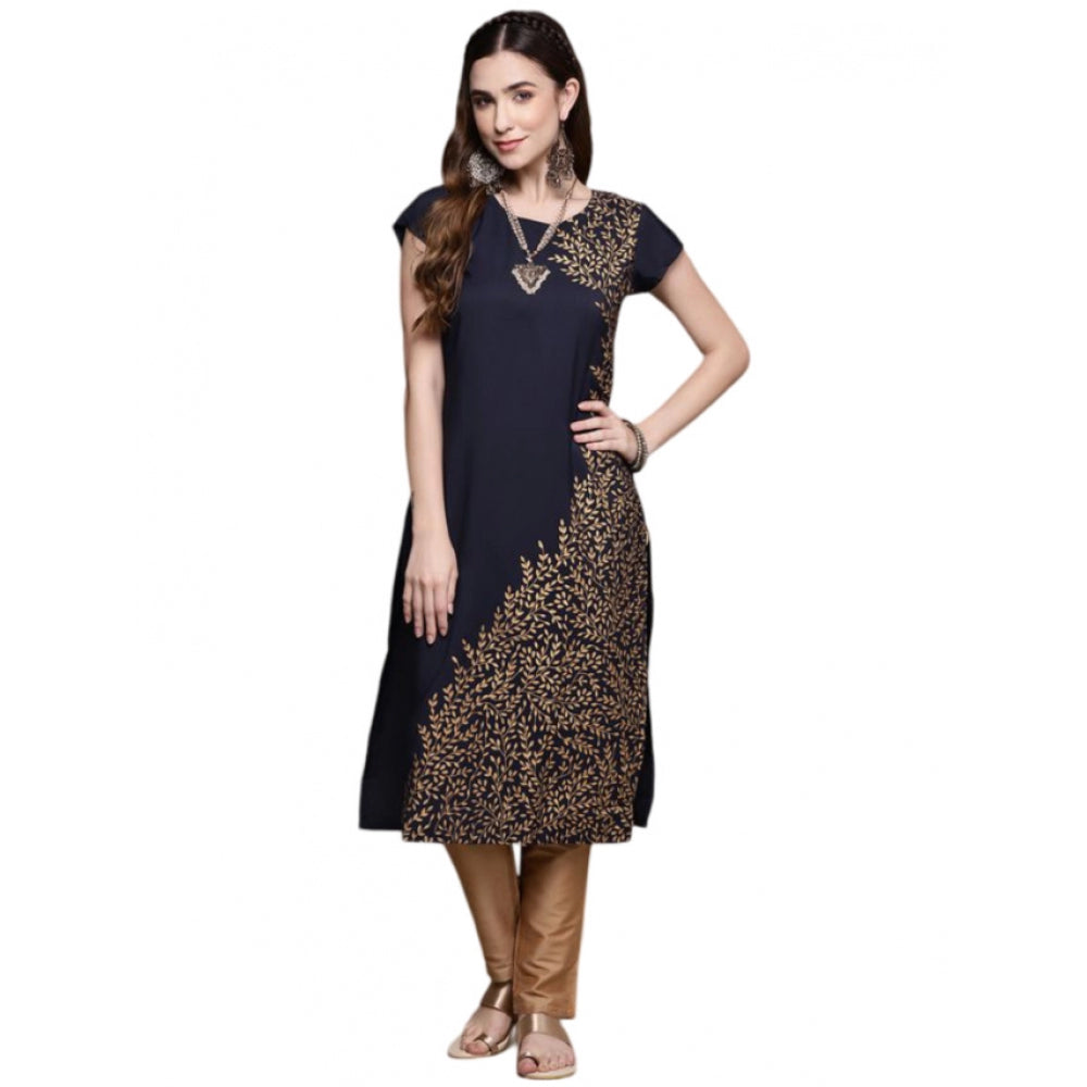 Amfyn Women's Casual Short Sleeves Floral Printed Crepe Kurti (Blue)