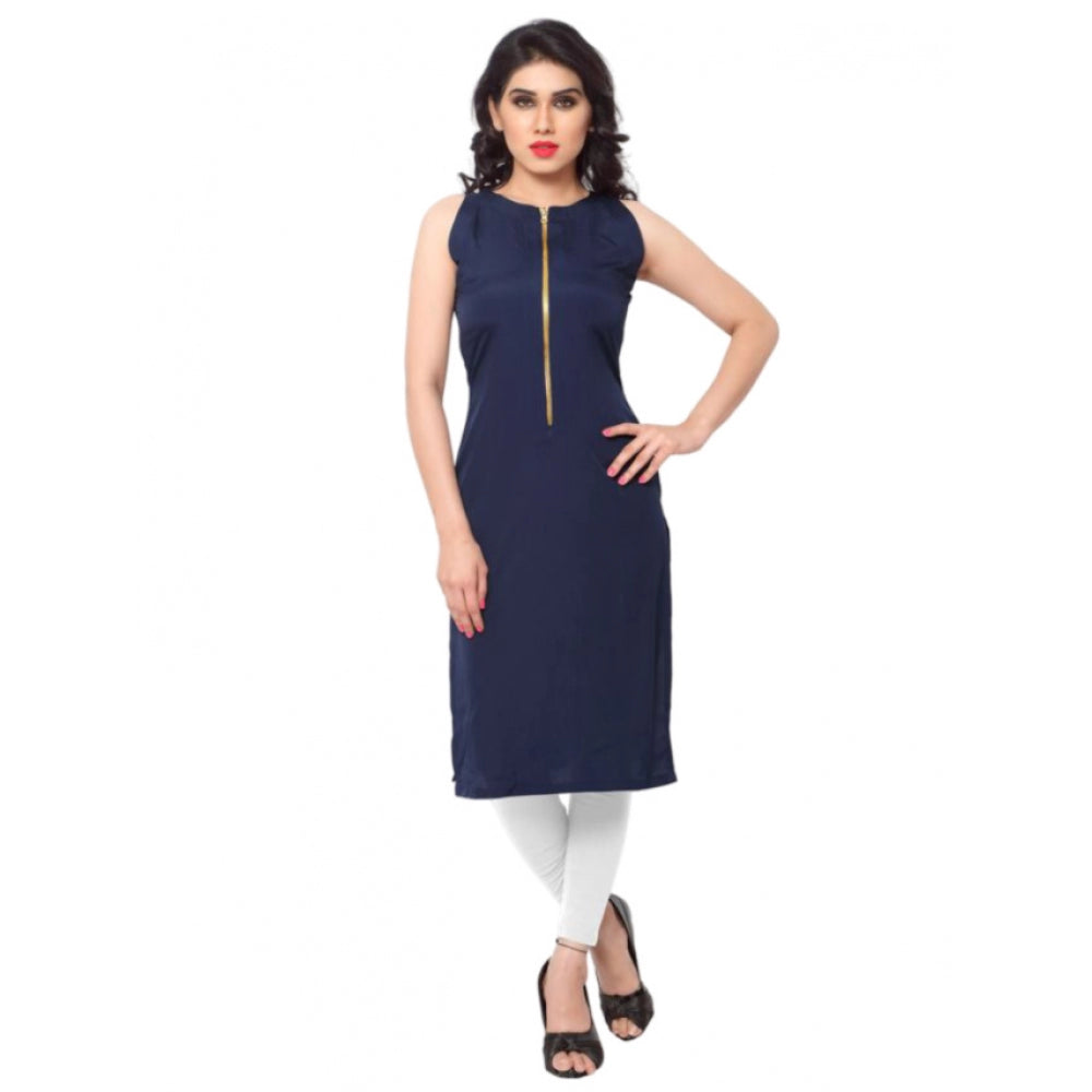 Amfyn Women's Casual Sleeveless Solid Crepe Kurti (Blue)