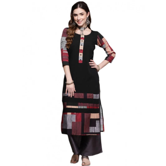 Amfyn Women's Casual 3-4Th Sleeve Ethnic Motifs Crepe Kurti (Black)