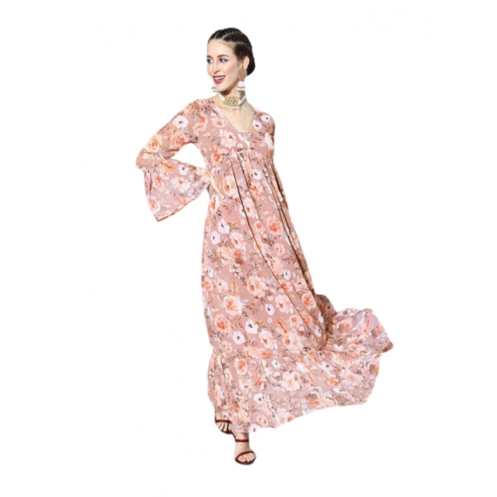 Amfyn Women's Casual Full Sleeve Floral Printed Georgette Dresses (Brown)