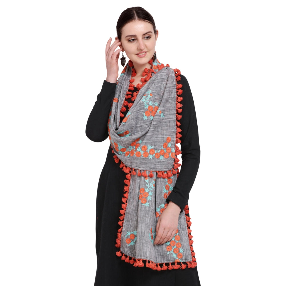 Amfyn Women's Cotton Embroidered Dupatta (Gray, Length: 0.5 to 1 Mtr)