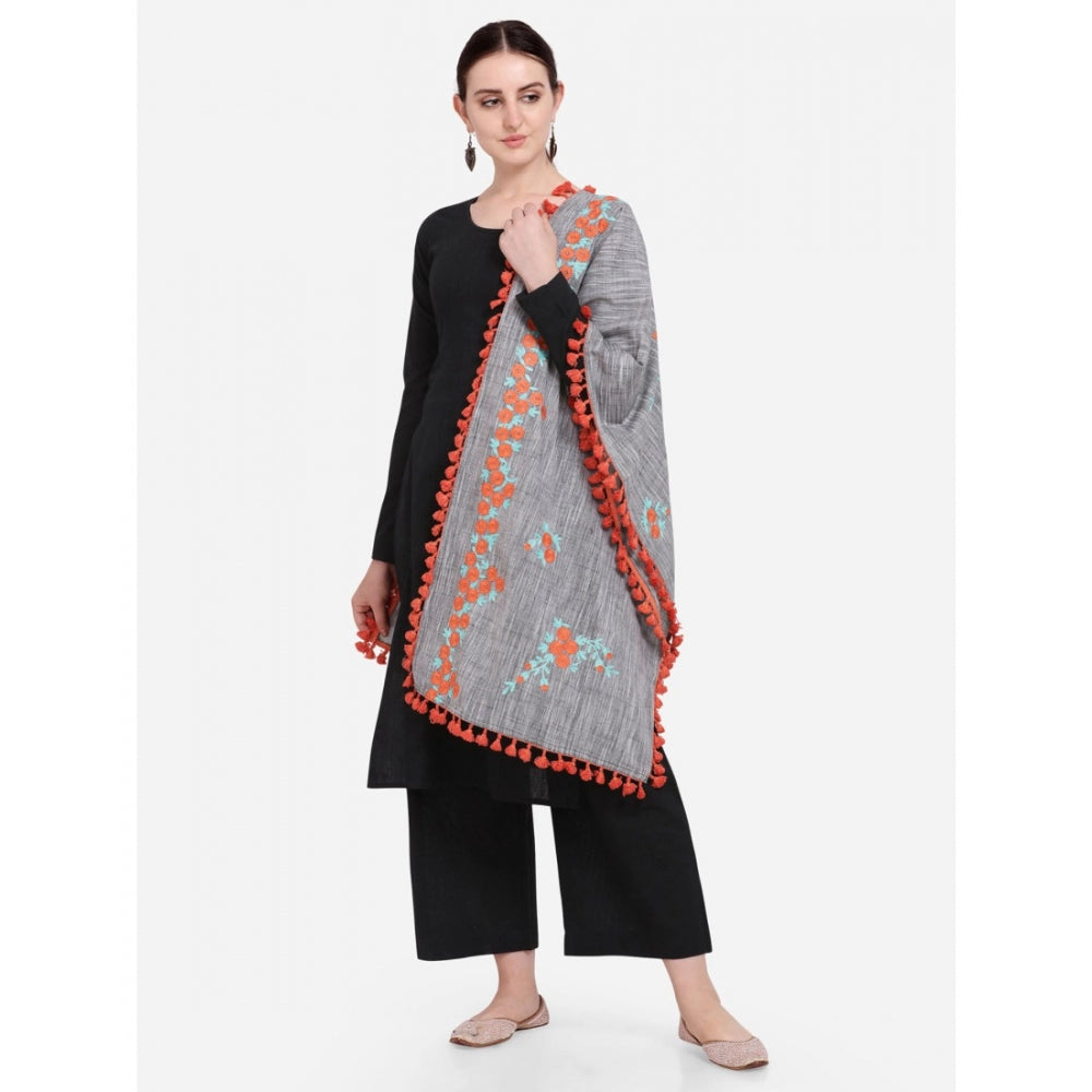 Amfyn Women's Cotton Embroidered Dupatta (Gray, Length: 0.5 to 1 Mtr)