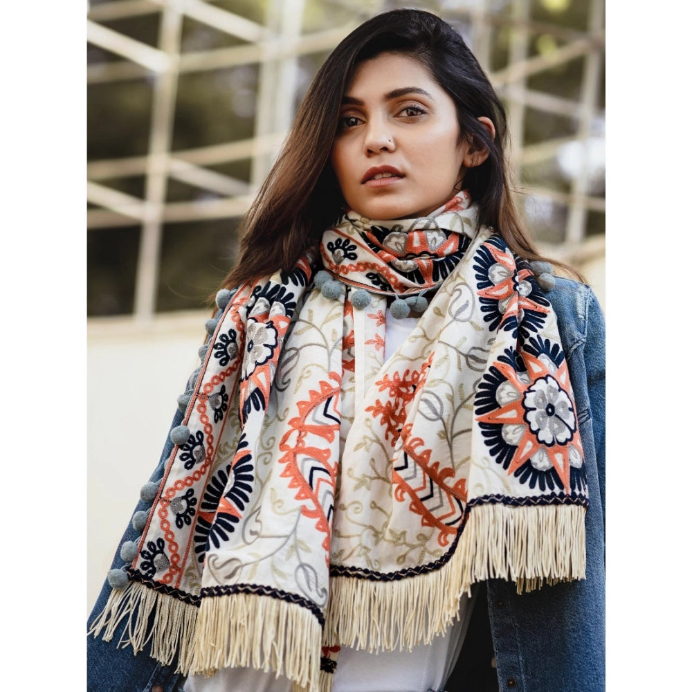 Amfyn Women's Cotton Embroidered Muffler (Off White, Length: 0.5 to 1 Mtr)