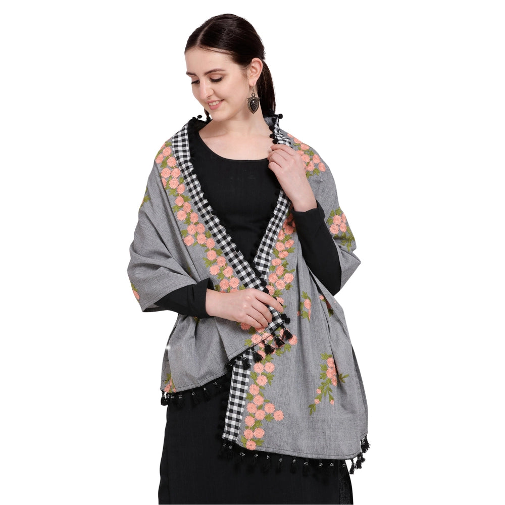 Amfyn Women's Cotton Embroidered Dupatta (Gray, Length: 0.5 to 1 Mtr)