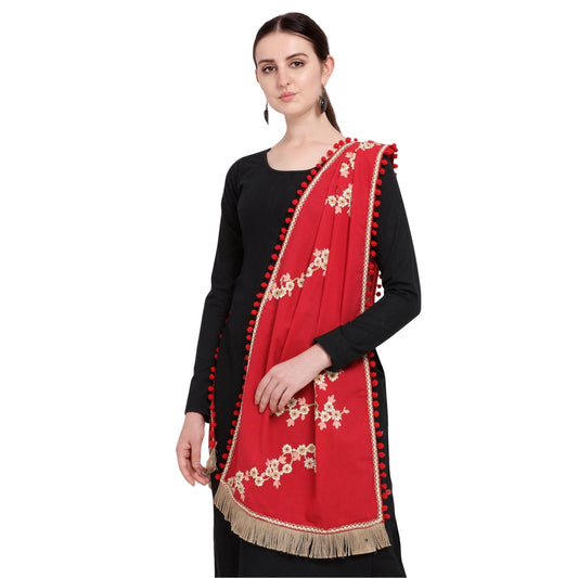 Amfyn Women's Cotton Embroidered Dupatta (Red, Length: 0.5 to 1 Mtr)