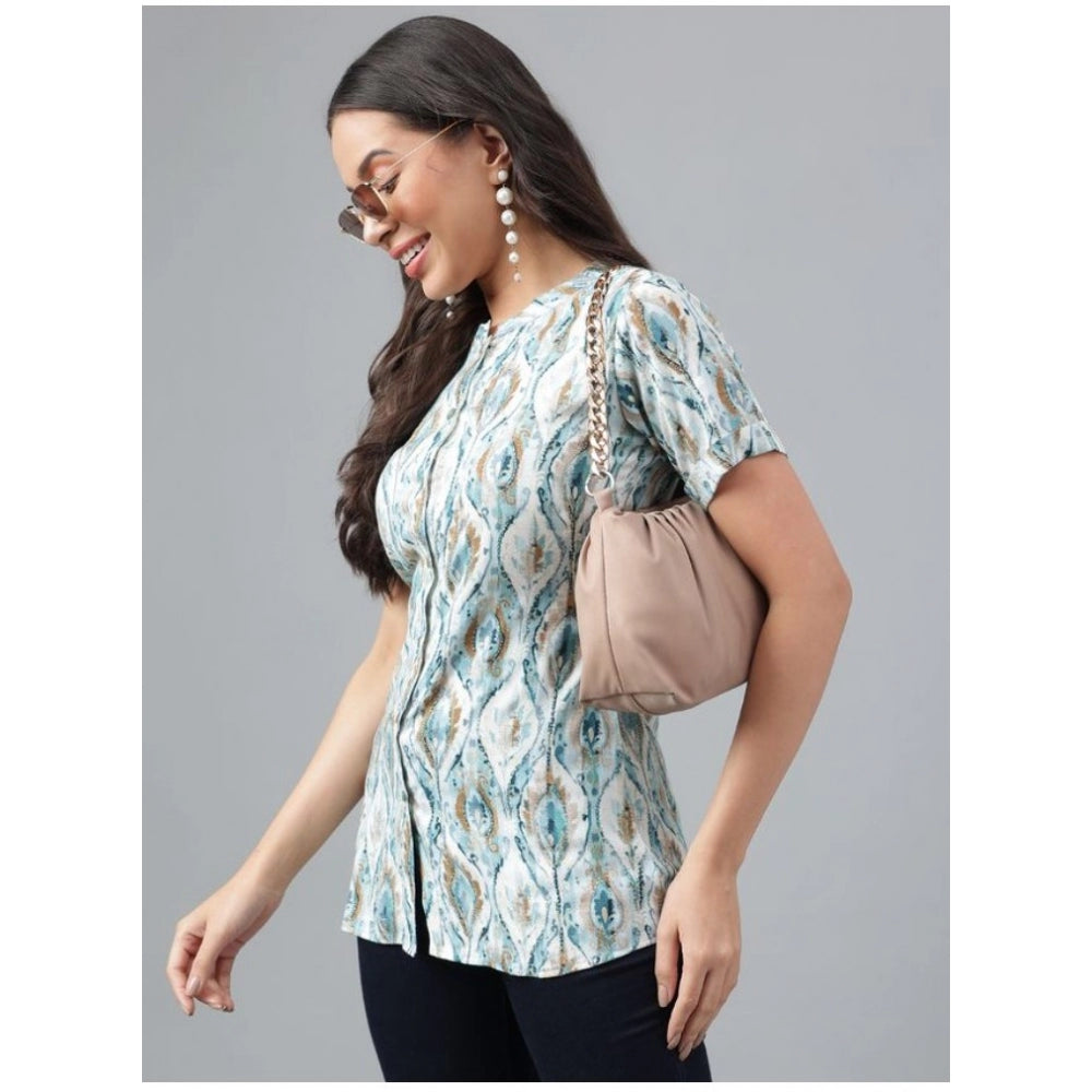 Amfyn Women's Casual Short Sleeve Printed Cotton Shirt (Green)
