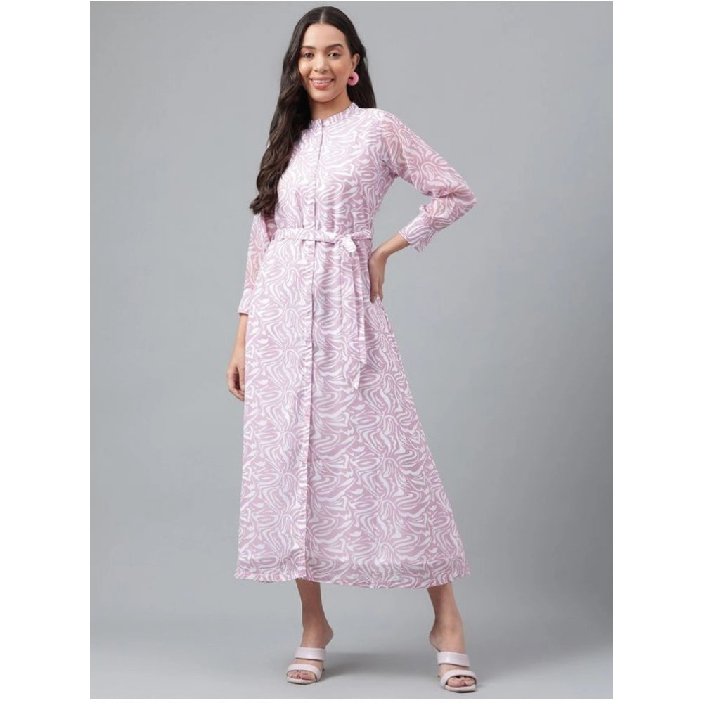 Amfyn Women's Casual 3-4th Sleeve Printed Georgette Dress (Purple)