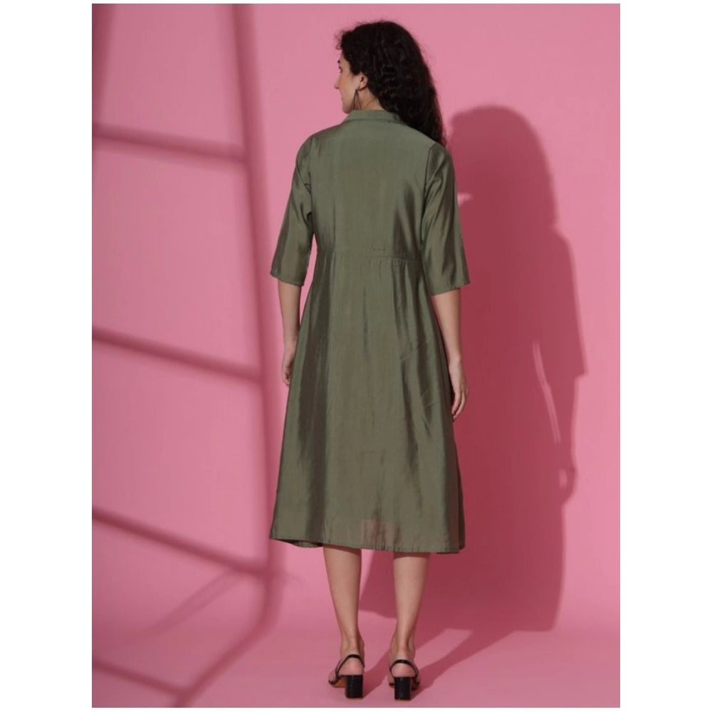 Amfyn Women's Casual 3-4th Sleeve Solid Chanderi silk Dress (Olive-Green)