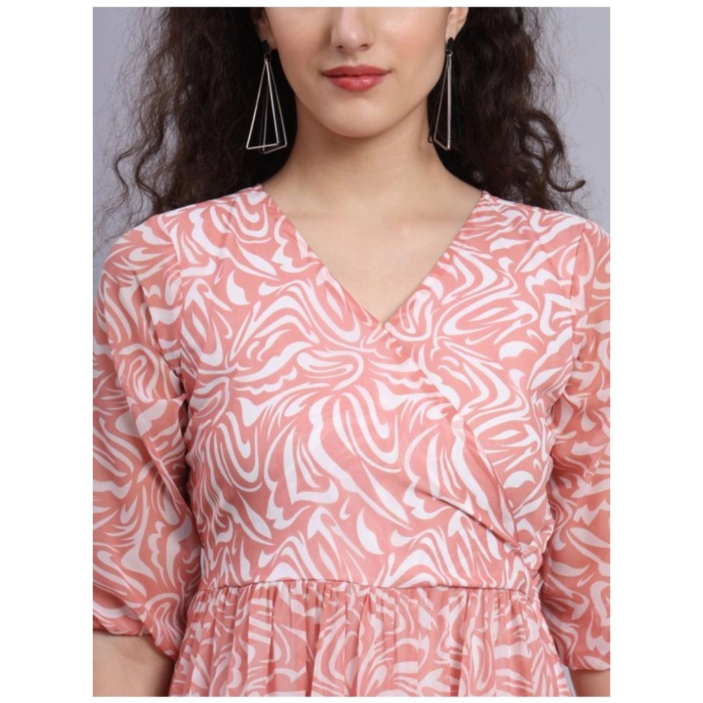 Amfyn Women's Casual 3-4th Sleeve Printed Georgette Western Top (Pink-White)