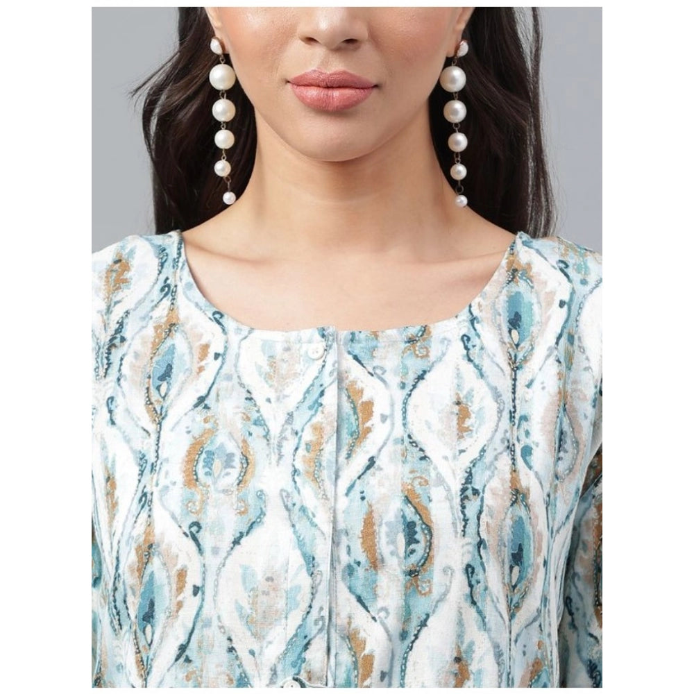 Amfyn Women's Casual 3-4th Sleeve Printed Cotton Top (White-Green)