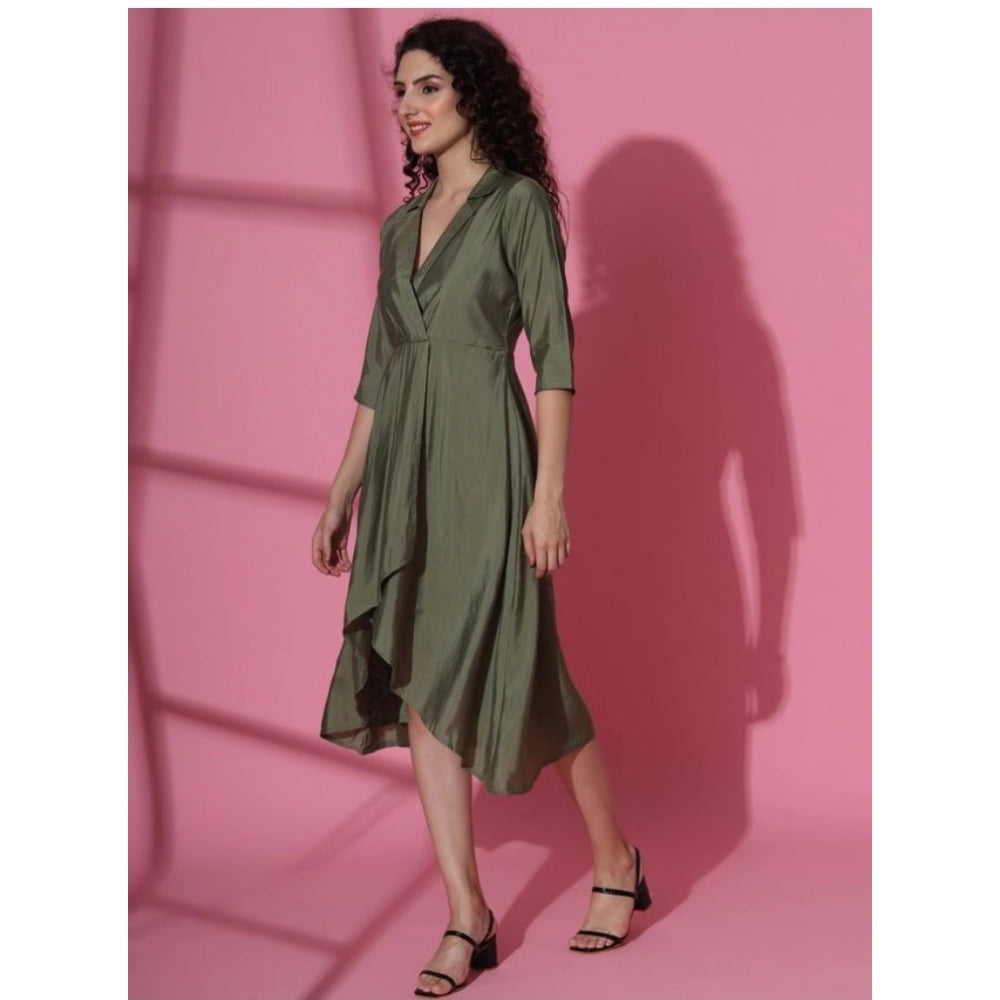 Amfyn Women's Casual 3-4th Sleeve Solid Chanderi silk Dress (Olive-Green)
