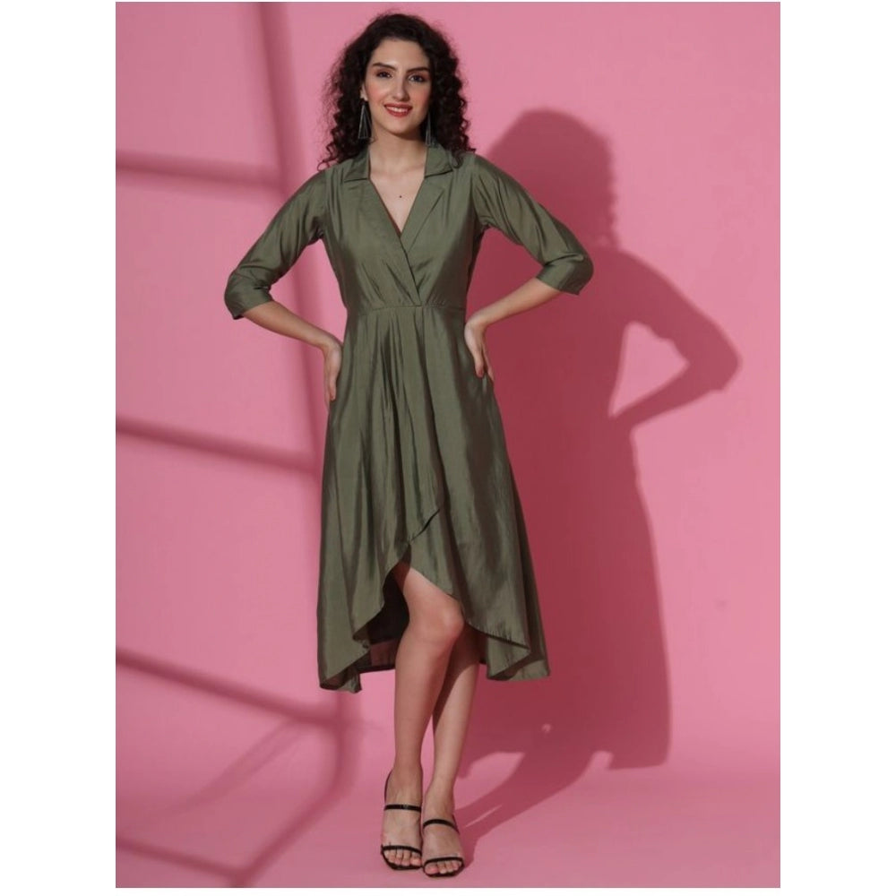 Amfyn Women's Casual 3-4th Sleeve Solid Chanderi silk Dress (Olive-Green)