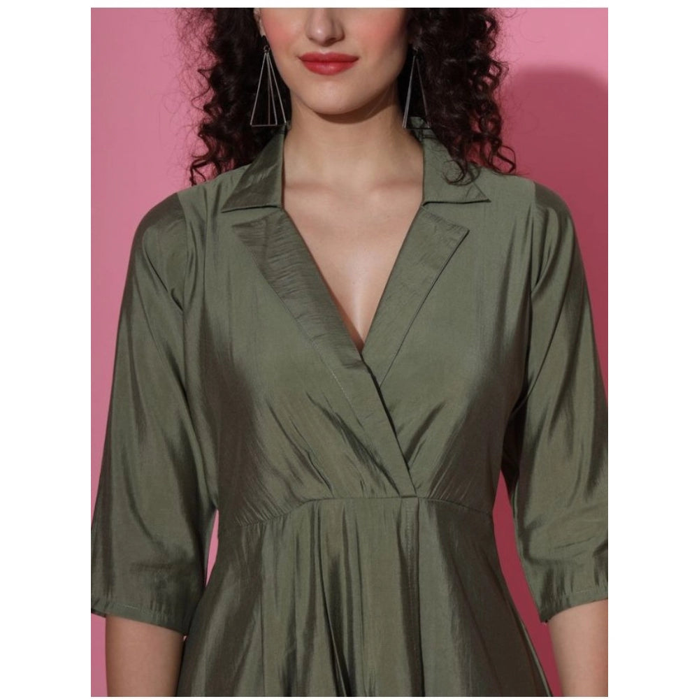 Amfyn Women's Casual 3-4th Sleeve Solid Chanderi silk Dress (Olive-Green)