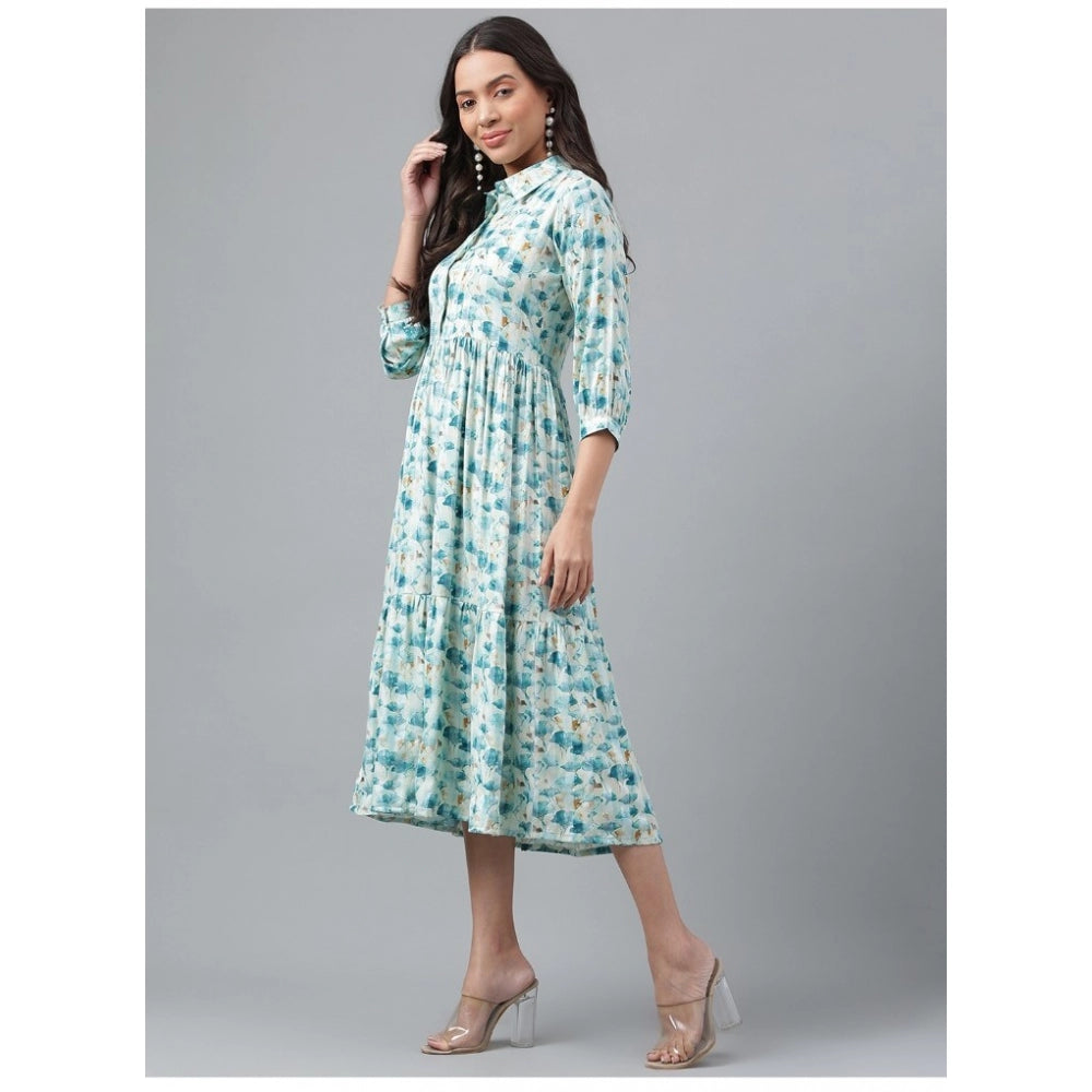 Amfyn Women's Casual 3-4th Sleeve Printed Georgette Gown (Blue)