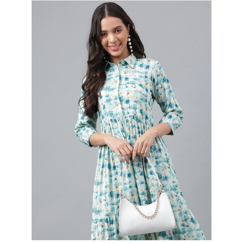 Amfyn Women's Casual 3-4th Sleeve Printed Georgette Gown (Blue)