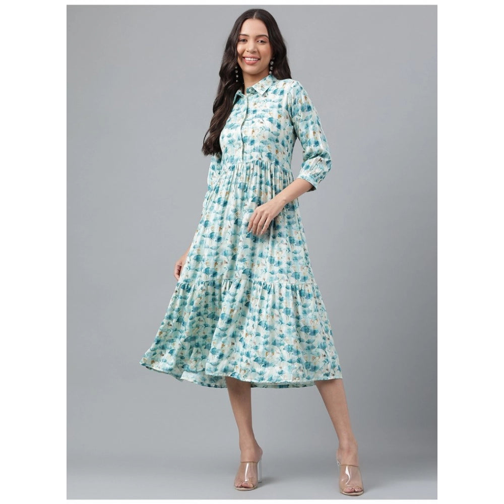 Amfyn Women's Casual 3-4th Sleeve Printed Georgette Gown (Blue)