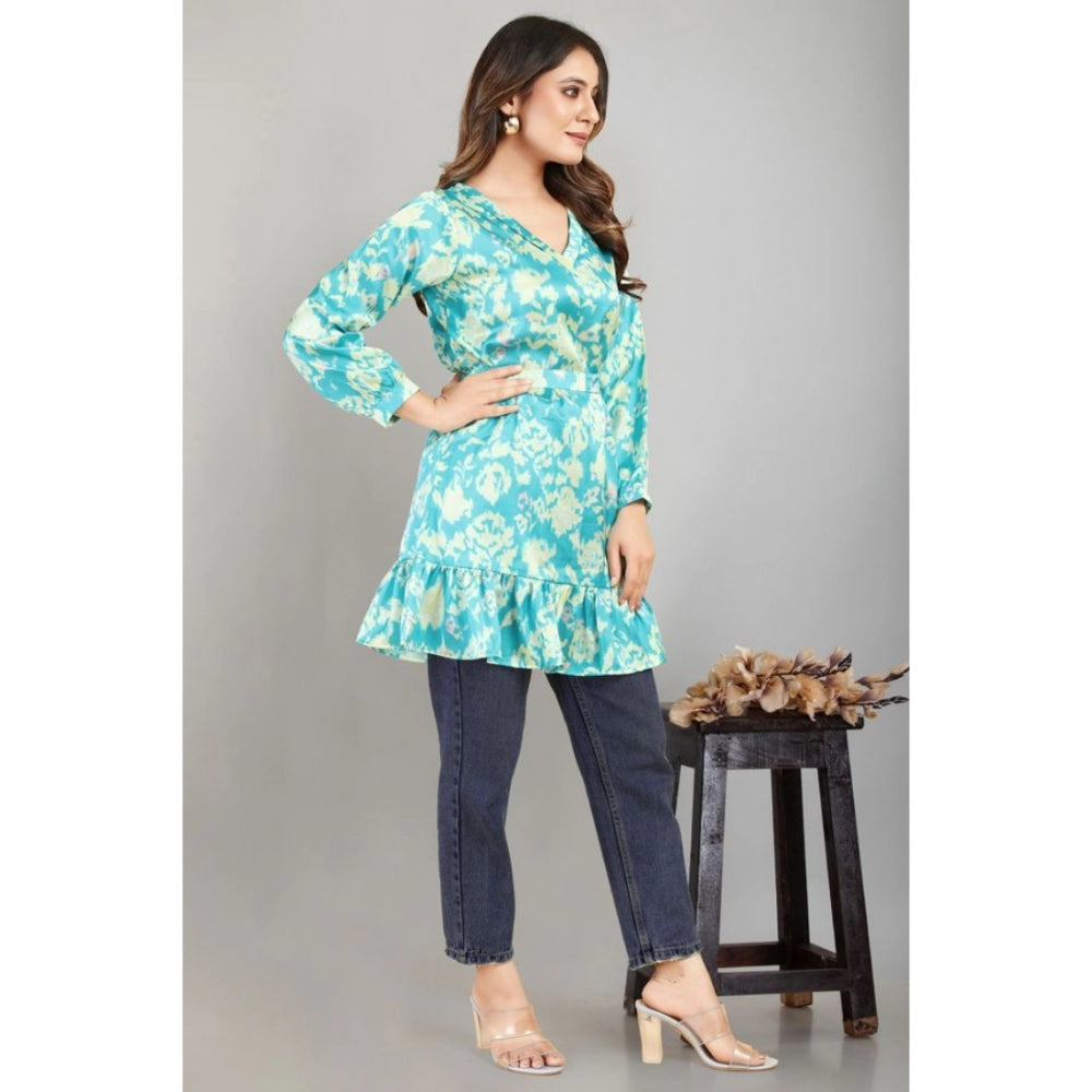 Amfyn Women's Casual Full Sleeve Printed Satin Top (Turquoise)
