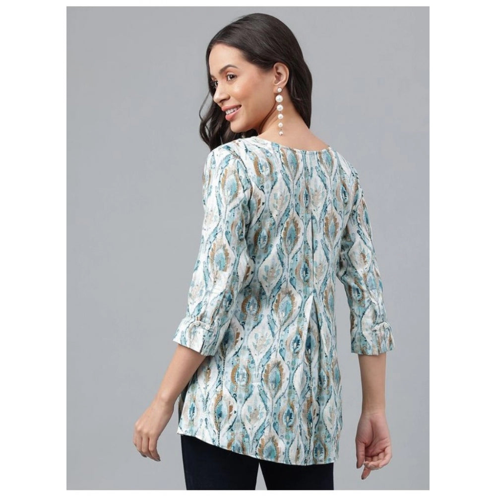 Amfyn Women's Casual 3-4th Sleeve Printed Cotton Top (White-Green)