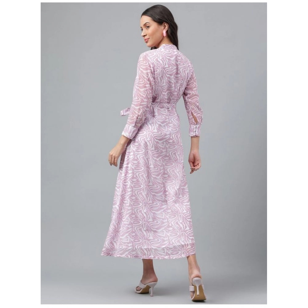 Amfyn Women's Casual 3-4th Sleeve Printed Georgette Dress (Purple)