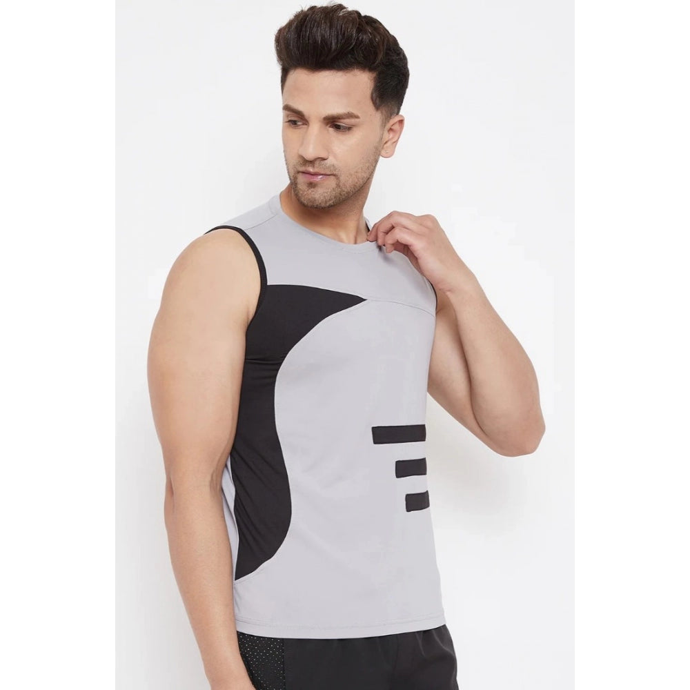 Amfyn Men's Striped Polyester Sleeveless T.Shirt (Grey)
