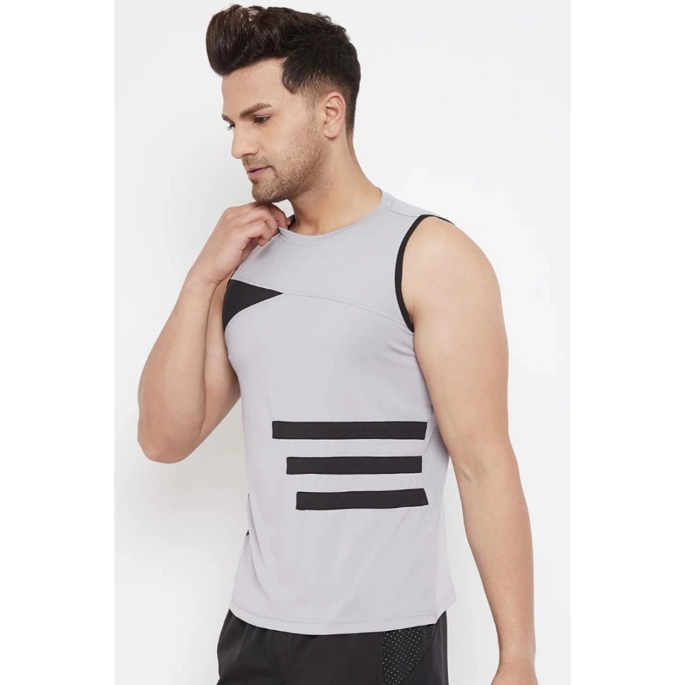 Amfyn Men's Striped Polyester Sleeveless T.Shirt (Grey)