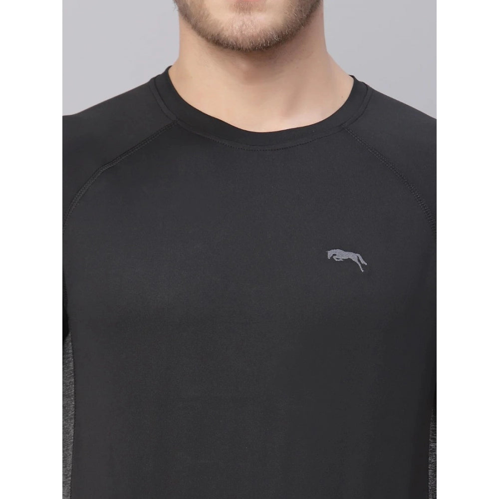 Amfyn Men's Solid Polyester Short Sleeves T.Shirt (Black)