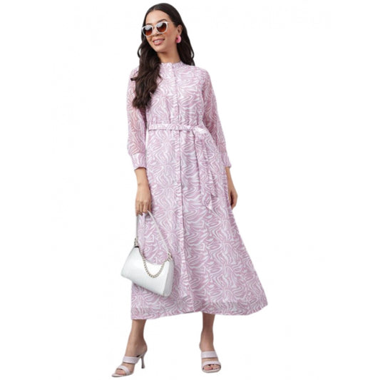 Amfyn Women's Casual 3-4th Sleeve Printed Georgette Dress (Purple)