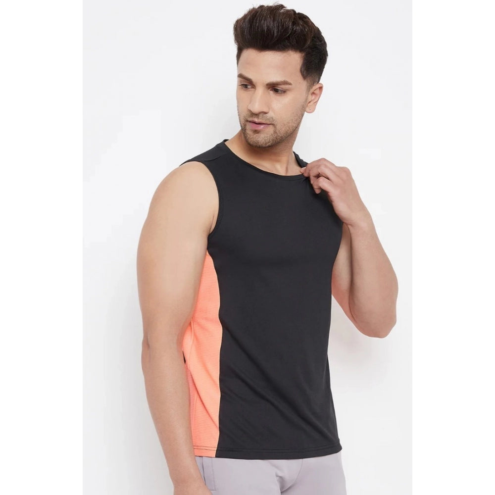 Amfyn Men's Solid Polyester Sleeveless T.Shirt (Black)