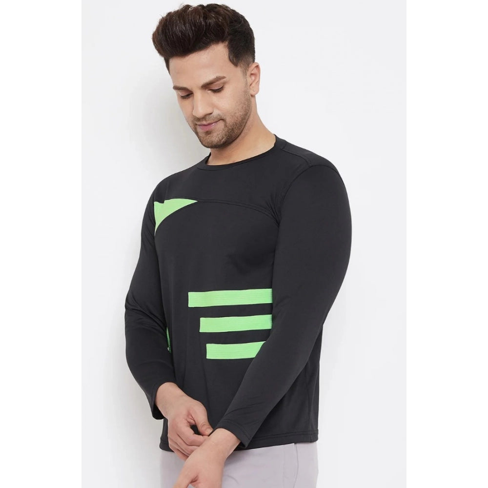 Amfyn Men's Striped Polyester Full Sleeve T.Shirt (Black)