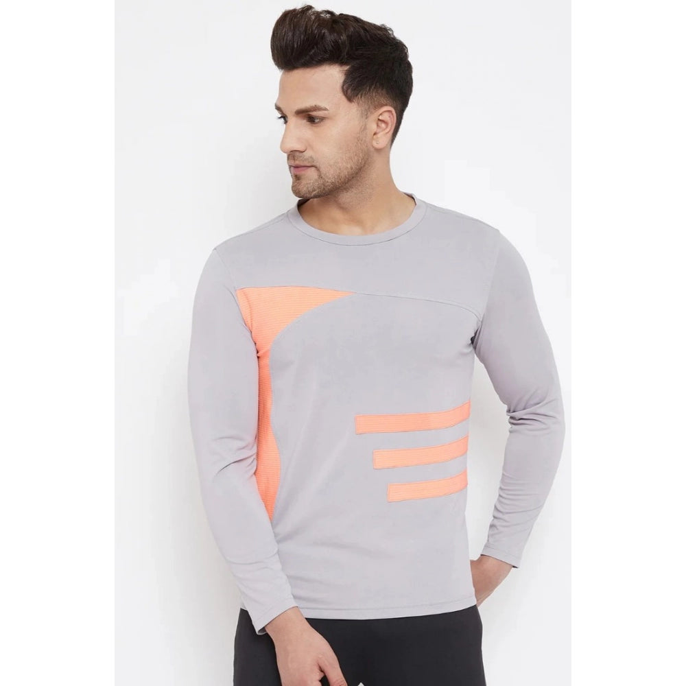 Amfyn Men's Striped Polyester Full Sleeve T.Shirt (Grey)