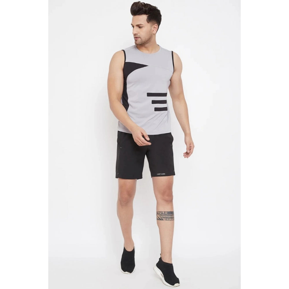 Amfyn Men's Striped Polyester Sleeveless T.Shirt (Grey)