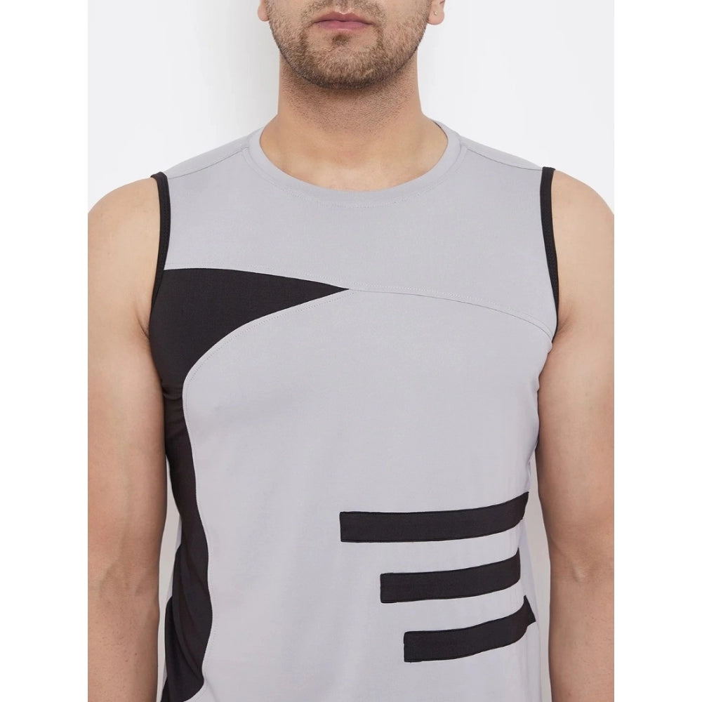 Amfyn Men's Striped Polyester Sleeveless T.Shirt (Grey)