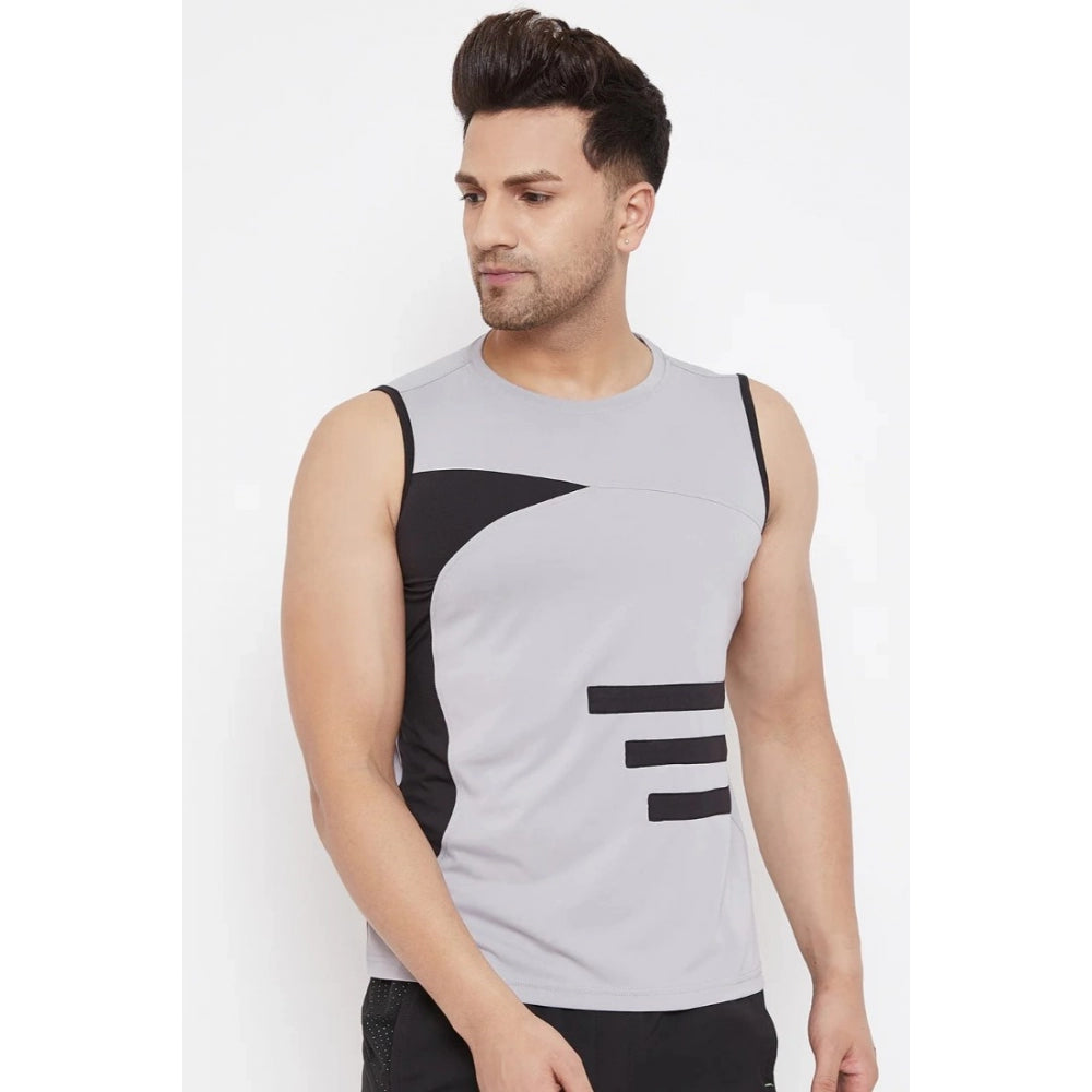 Amfyn Men's Striped Polyester Sleeveless T.Shirt (Grey)